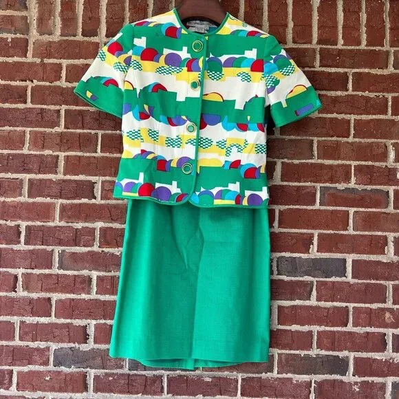 Anne Crimmins Umi Collections Skirt Suit Vintage Multi Color Geometric 4 Spring - Picture 1 of 10
